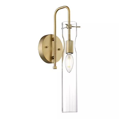 Satco 60-6855, SPYGLASS 1 LIGHT WALL SCONCE, 60W, 120V, Candelabra Base, Clear Glass, Vintage Brass Finish