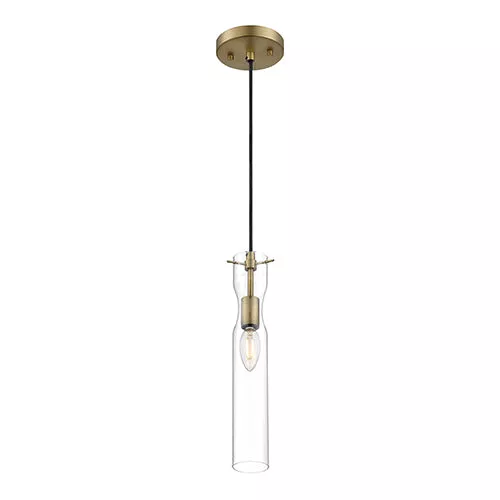 Satco 60-6856, SPYGLASS 1 LIGHT MINI PENDANT, 60W, 120V, Candelabra Base, Clear Glass, Vintage Brass Finish