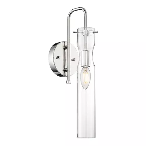 Satco 60-6865, SPYGLASS 1 LIGHT WALL SCONCE, 60W, 120V, Candelabra Base, Clear Glass, Polished Nickel Finish