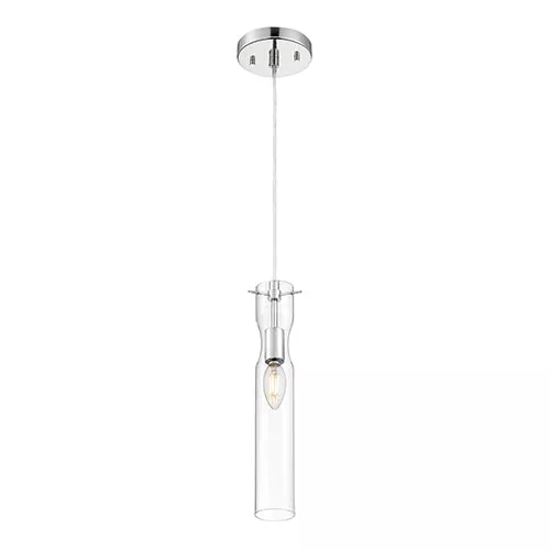 Satco 60-6866, SPYGLASS 1 LIGHT MINI PENDANT, 60W, 120V, Candelabra Base, Clear Glass, Polished Nickel Finish