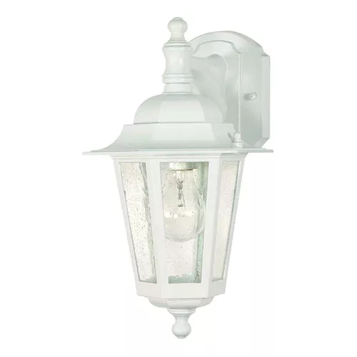 Satco 60-988, CORNERSTONE 1 LT ARM DWN OTDOR, 13" Outdoor Wall Lantern Lighting Fixture, 60W, 120V, Medium Base, Clear Seed Glass, Replaceable Light Source, White Finish