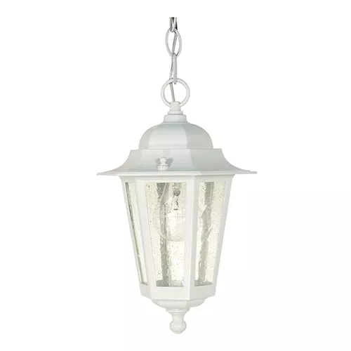 Satco 60-991, CORNERSTONE 1 LT HANGING LNTRN, 13" Outdoor Hanging Lantern Lighting Fixture, 60W, 120V, Medium Base, Clear Seed Glass, Replaceable Light Source, White Finish