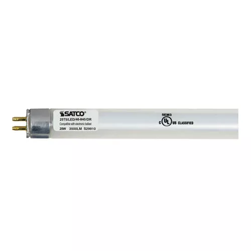 Satco S29910, 25T5/LED/46-840/DR 48 Inch T5 LED, 25W, 4000K Cool White, 3500 Lumens, Miniature Bi Pin Base, Gloss Finish, 10 Packs