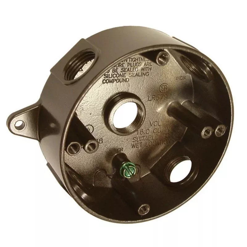 Weatherproof Box, 4" Diameter, (5) 1/2" Outlets, 1-1/2" Deep, Aluminum Die Cast, Bronze By Hubbell-Raco 5361-7